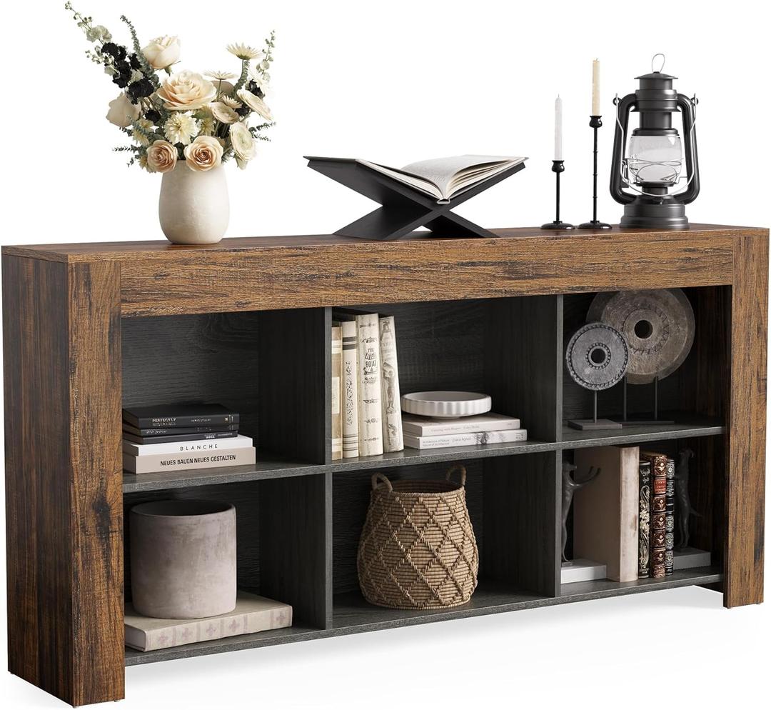 LITTLE TREE Console Table with Storage, 63-Inch Narrow Long Sofa Table, Entryway Table with 6 Cubes, Farmhouse Storage Shelves for Entryway, Living Room (Brown + Black)
