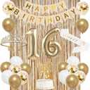 Trgowaul Sweet 16th Birthday Decorations for Girls, Banner, Sash and Crown, Cake Topper, 16 Number Balloon, Fringe Curtains, Champagne Gold 16th Birthday Party Supplies