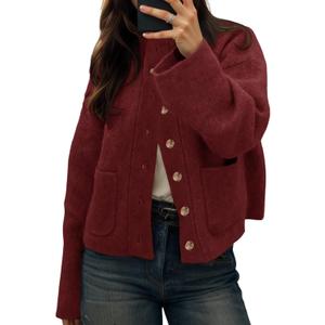 Cicy Bell Womens Chunky Knit Cardigan Sweaters Button Down Mock Neck Open Front Jacket Winter Casual Outerwear with Pockets (Large, Wine Red)