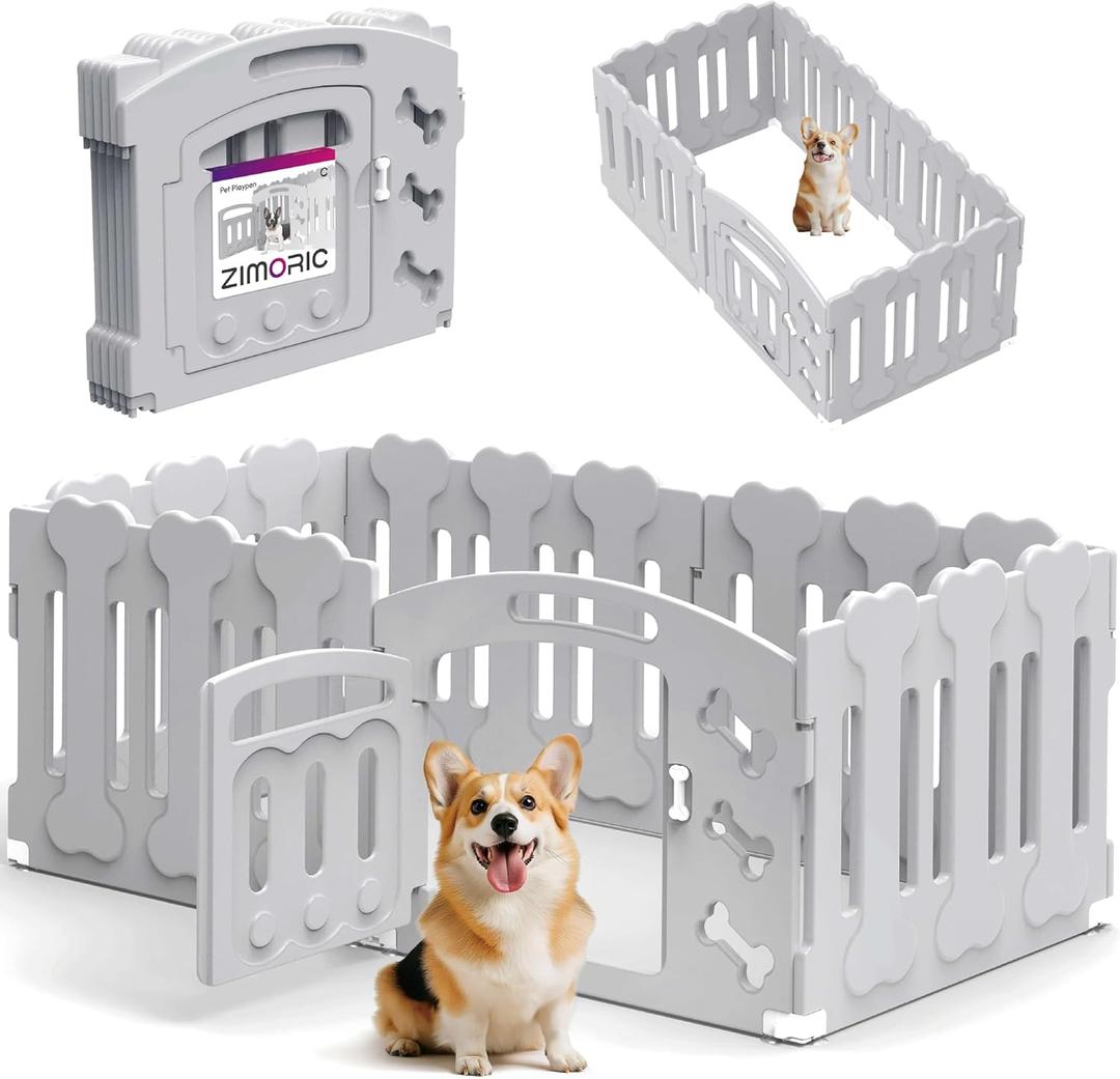 Dog Playpen, Puppy Playpen for Small Dogs, Indoor Dog Play Pen with Door & Lockable Gate, Foldable Portable Pet Fence, 61" x 61" x 24", Easy to Assemble (24"H, light gray)