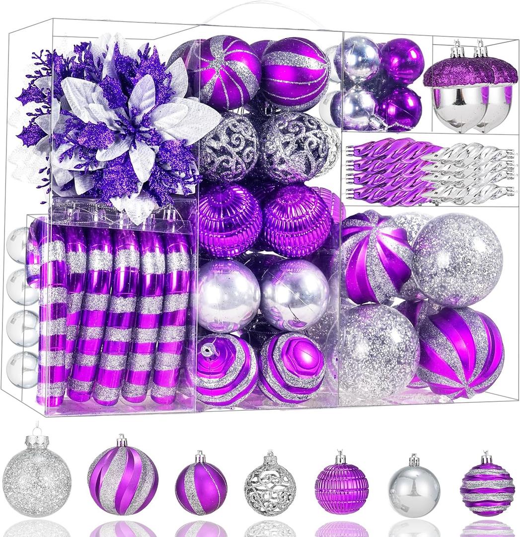 130pcs Christmas Ball Ornaments Set, Shatterproof Christmas Tree Ball Ornament Decoration, Plastic Xmas Ornaments Bulk Hanging Balls, Holiday, Home, Wedding Party, Purple and Silver