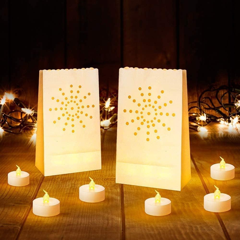 AceList 30-Pack Water-Resistant Luminary Bags with Flameless Candles (Batteries Included) - Sunburst Luminaries for Christmas Driveway, Outdoors & Walkway Decor - Luminarias That Won't Get Soggy