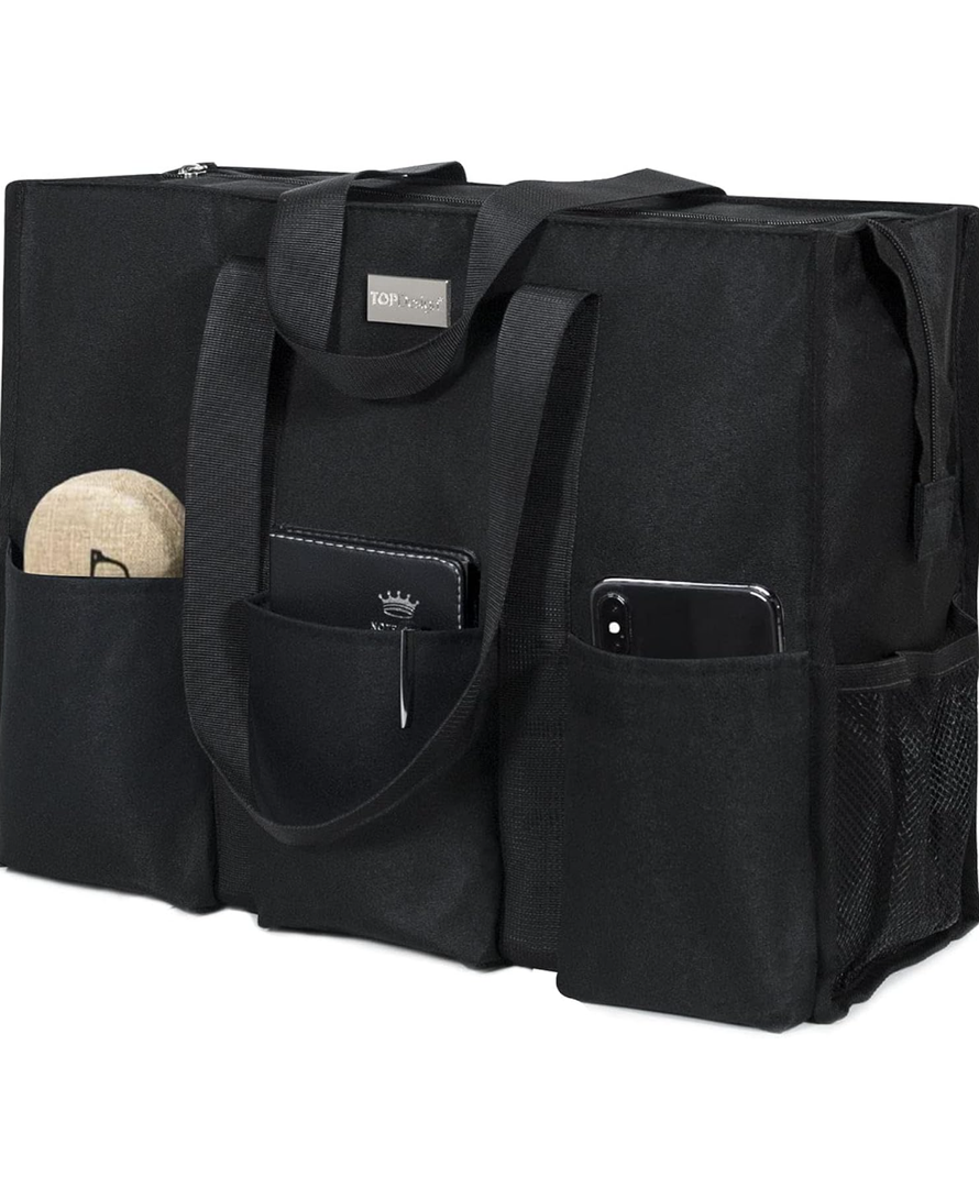 TOPDesign Utility Water Resistant Tote Bag with 13 Pockets, Top Zipper Closure & Thick Bottom Support, for Working Women Medium