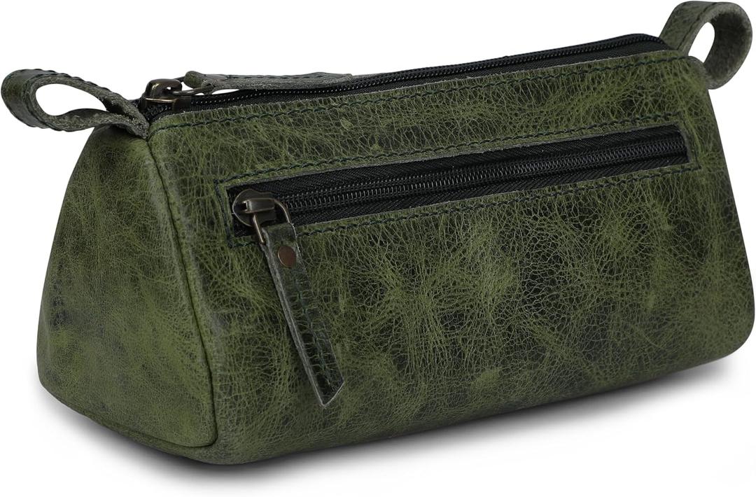 Leather Makeup Bag for Women  Genuine Leather Cosmetic Bag Travel, Handmade Zippered Makeup Pouch, Small Toiletry Bag, Shaving Kit & Stationery Organizer- Forest Green