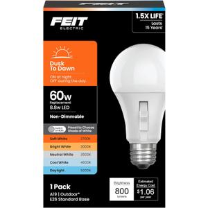 Feit Electric LED Dusk-to-Dawn Light Bulb, A19 60W Equivalent, 5CCT, Non-Dimmable, E26 Medium Base, 90 CRI, 800 Lumens, Adjustable White, 13 Years Lifetime, OM60/5CCTCA/DD/LEDI