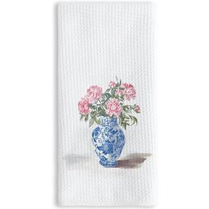 Floral Kitchen Towels 16x24 Inch, Blue and White Chinoiserie Porcelain Floral Hand Towels for Bathroom Decor, Grand Millenial Decor Dish Tea Towels for Kitchen Pack of 3