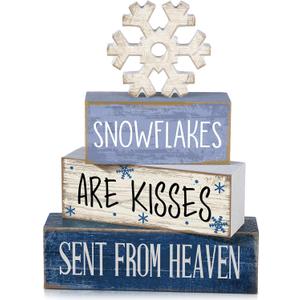 Lineshading 4 Pcs Winter Table Decorations Blue and White Wooden Snowflake Tiered Tray Decor Rustic Snow Block Signs Gift Farmhouse Christmas Centerpiece for Winter Wonderland Party Home Kitchen
