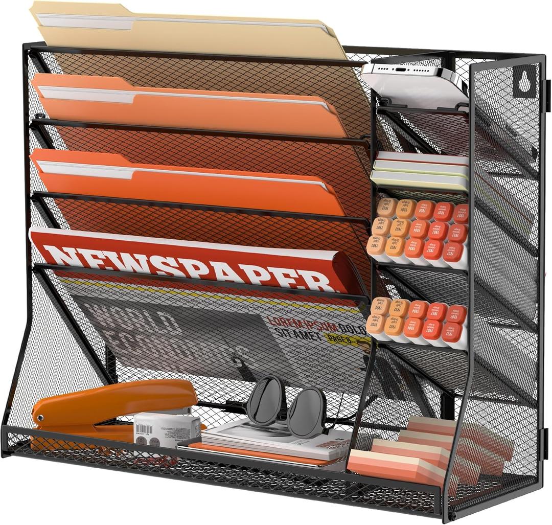 SUPEASY Wall File Organizer, 5-Tier Desk Organizer with 4 Pen Holders, Wall Organizer for Office with R-shaped Bottom Tray, Desk Organizers and Accessories for Office Supplies, Black