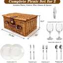 Picnic Basket for 2 - Picnic Basket with Cutlery Kit and Glasses, Insulated Picnic Set with Waterproof Liner, Portable Wicker Picnic Baskets with Lid and Handle for Outdoor, Picnic, Camping, Holidays