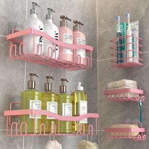 Adhesive Shower Caddy, No Drilling Bath Organizers 5 Pack, Rustproof Shelves with Soap Holder & Toothbrush Holder, Pink Bathroom Accessories Decor Set Adhesive Shower Caddy, No Drilling Bath Organizers 5 Pack, Rustproof Shelves with Soap Holder & Toothbrush Holder, Pink Bathroom Accessories Decor Set