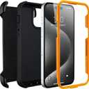 Defender for iPhone 15 Pro Max Case with Clip Holster,Heavy Duty Rugged Full-Body,2 Layers of Sturdy,Anti-Drop,Military-Grade Defender Cover for iPhone 15 Pro Max Phone Case (Black & Orange)