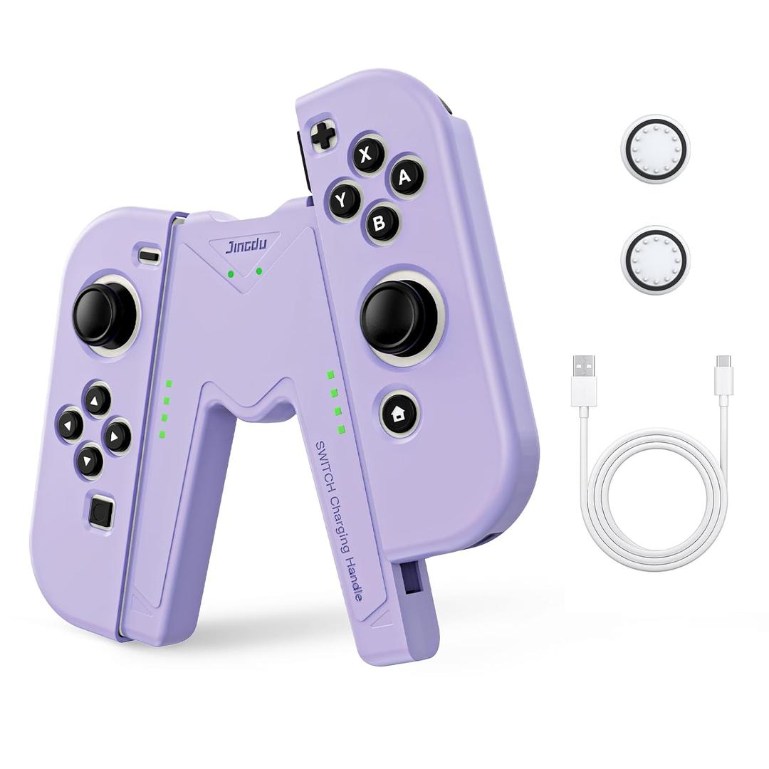 JINGDU NS Joy-Con Charg Grip Compatible with Nintendo Switch Standard & OLED Model, Switch JoyCon Controller Charger with Charging Cable and 2 Thumb Grip Caps, Play While Charging, Purple