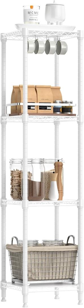 IZEUK 4 Tier Steel Storage Shelves, Adjustable Wire Shelving Unit for Kitchen, Bathroom, or Office Organization, Heavy Duty Metal Rack, 480 lbs Capacity, 11.8" D x 11.8" W x 47.3" H, White