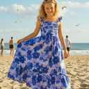 Sunny Spirit Girl's Summer Dress Tween Spring Casual Ruffle Sleeve Dresses Swing Flowy Tiered Sundresses Blue 6-7 Years (Blue)