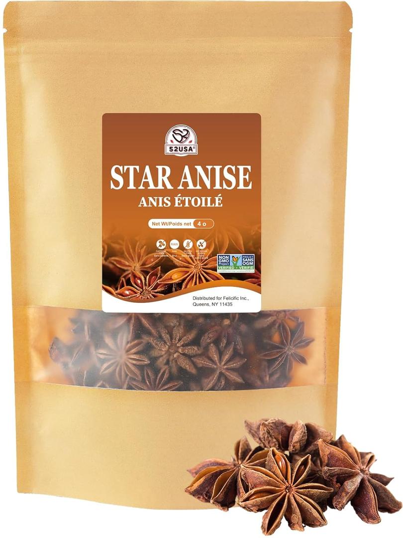 2 x 52USA Star Anise Whole, 4 Ounce (Pack of 1), NON-GMO Verified Chinese Star Anise Whole, Dried Star Anise Pods for Tea and baking