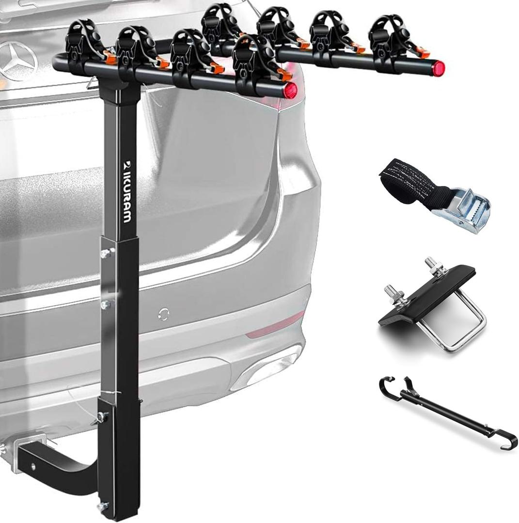 4 Bike Rack Bicycle Carrier Racks Hitch Mount Double Foldable Rack for Cars Truck SUV Fits 2" Receiver, Tie Down Strap, Anti-Rattle Hitch Tightener & Bicycle Cross-bar Adapter for Kids Bike
