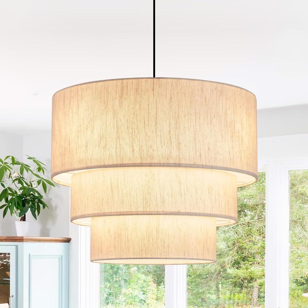 19.7" Linen Drum Pendant Light, Drum Light Chandelier Pendant Lights Kitchen Island Lighting, 3 Tier Large Farmhouse Pendant Hanging Light Dining Room Pendant Chandelier for Foyer Hallway