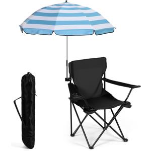 Yuntau 1 Set Beach Chair with Umbrella Foldable Camping Chair Fold up Umbrella with Universal Clamp Large Portable for Outdoors Fishing Camping Hiking Travel Picnic Beach(Black,Blue,White,Striped)