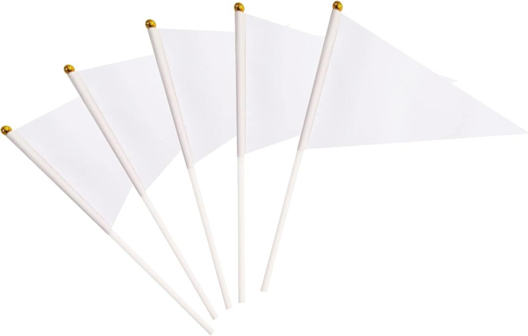 25 Pack White Pennant Flags Small Mini Hand Held Solid Color Pennant Flags On Sticks,Party Events Celebration,School,Grand Opening,Kids Birthday,Sports Clubs,Flower Pot (White)