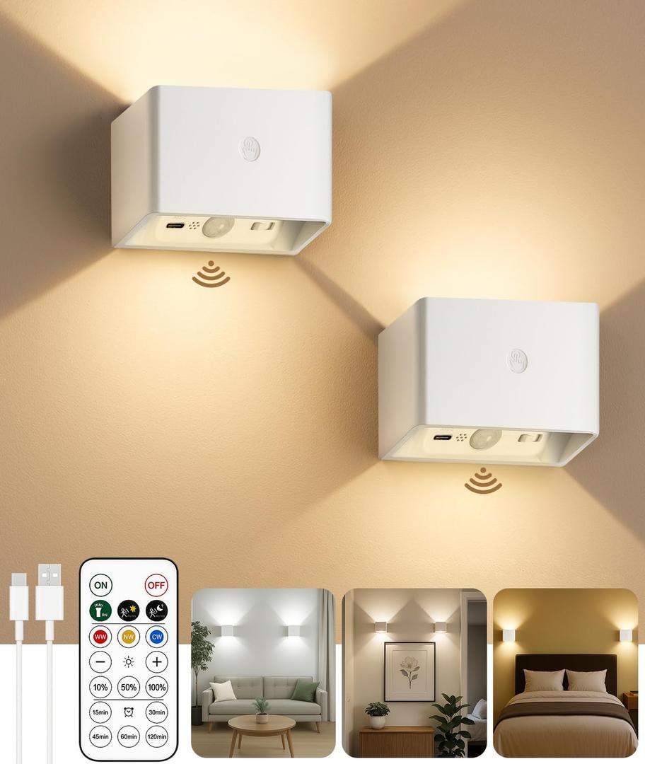 cambk Battery Operated Wall Sconces Set of 2 for Living Room, Wireless Rechargeable Motion Sensor Wall Light with Remote for Bedroom, Bathroom, Hallway, Indoor Ambient Lighting (White)