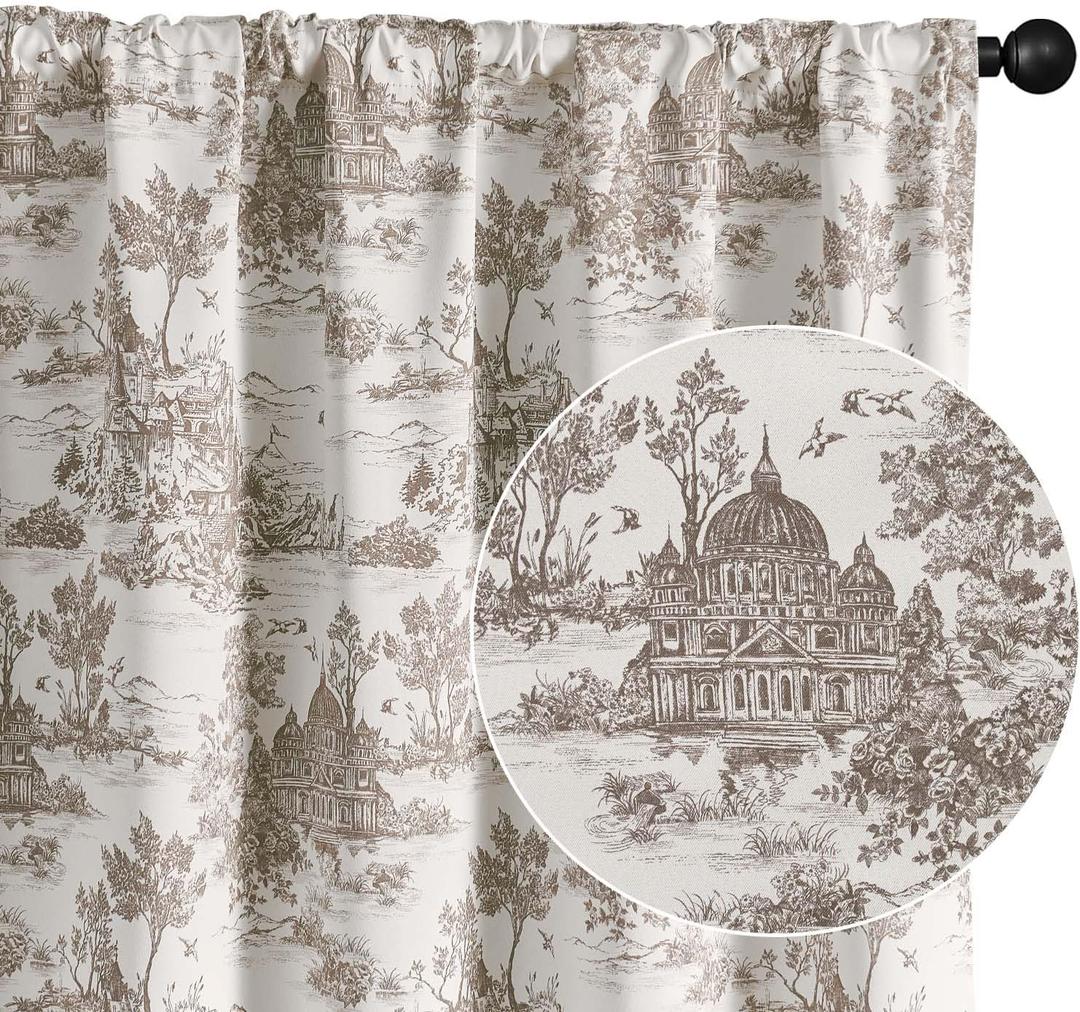 jinchan 95% Blackout Toile Curtains for Bedroom, 96 Inch Drapes Toile de Jouy French Printed Castle for Living Room, Light Blocking Thermal Insulated Window Treatment Rod Pocket, 2 Panels Tan