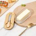 Butter Dish with Lid, Glass Butter Container for Countertop, Butter Keeper Holder with Wood Lid and Knife for East West Coast Butter Stick, Kitchen Counter Dcor (Stripe)