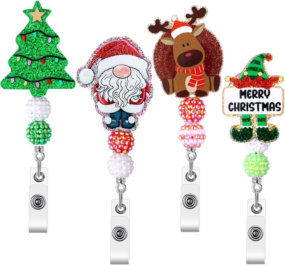 Landical 4 Pack Christmas Badge Reels Retractable Glitter Santa Reindeer Nurse Badge Holder with Swivel Alligator Clip for Christmas Nurse Doctor Office Worker Gift ID Name Tag Decorative Metal Clips