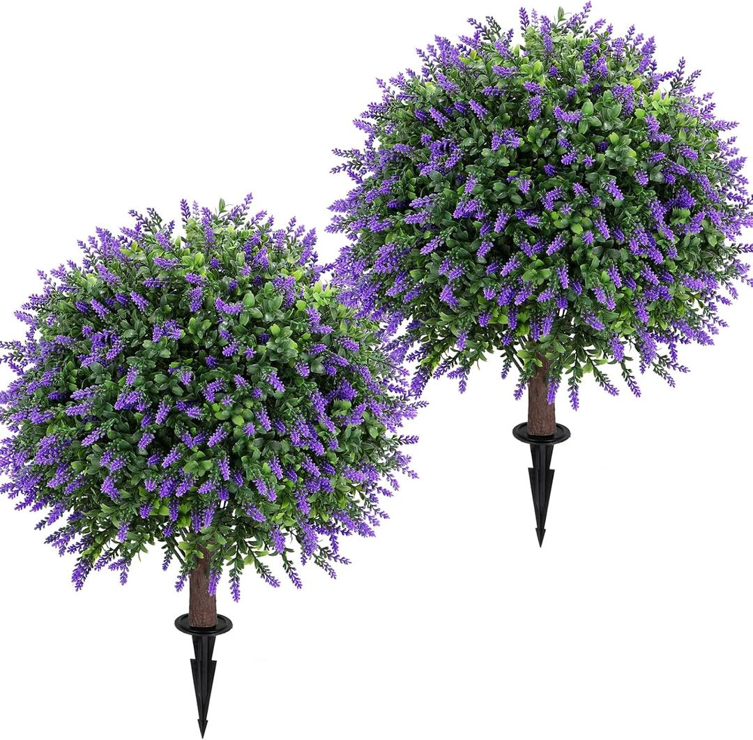 Artificial Lavender Topiary Ball Tree 25" with Ground Spike, Set of 2 Artificial Boxwood Bushes for Faux Shrubs, Fake Evergreen Faux Plant for Indoor Outdoor Porch Garden -UV ResistantFade-Proof