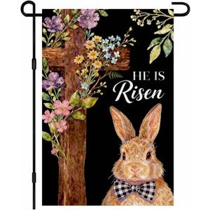IVN Happy Easter Garden Flag 12x18 Inch Double Sided Burlap Cross with Bunny and Floral Accents on Black Background Design Small Outdoor Yard Flag Holiday for Porch Lawn Patio Easter Welcome Decor
