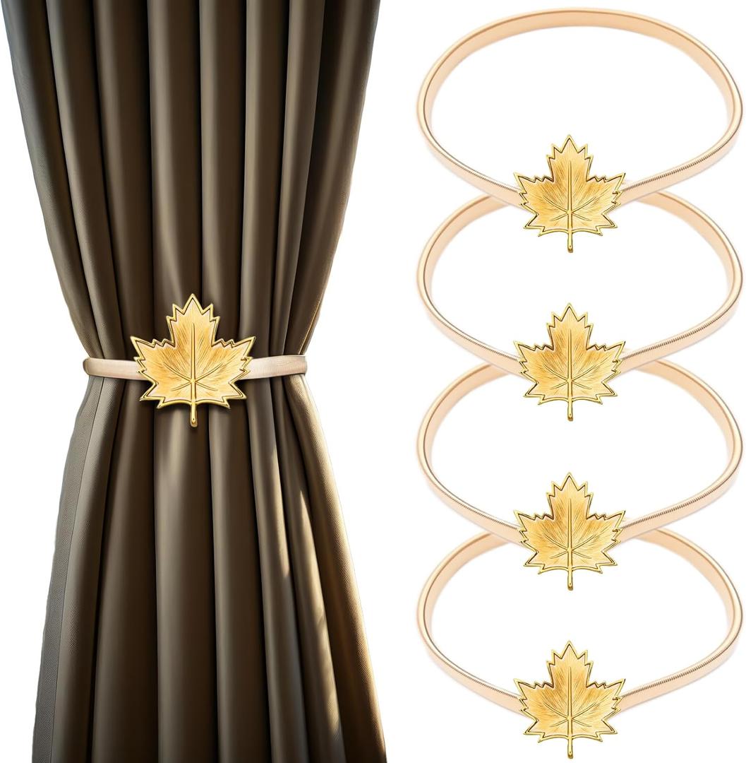 4 Pack Maple Leaf Curtain Tieback Buckle Aluminum Alloy Spring Design Curtain Holdback Carving Design Autumn Maple Leaf Curtain Ties for Drapes Curtain Ties Backs Modern Thanksgiving Fall Theme Decor