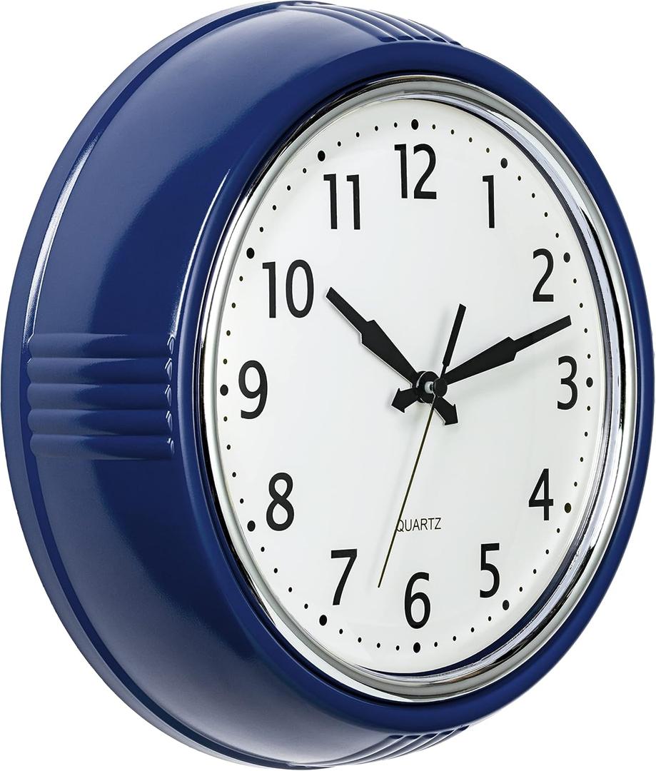 Bernhard Products Retro Wall Clock 12 Inch Navy Blue Kitchen 50's Vintage Design Round Silent Non-Ticking Quartz Battery Operated Clocks for Home Office School Classroom Kids Bedroom Living Room