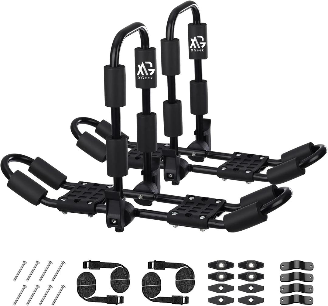 XGeek Kayak Roof Rack 4-in-1 for Kayak, Surfboard, Canoe and Ski Board Rooftop Mount Carrier Folding Adjustable Bilateral J-Style Rack on SUV, Car and Truck, Pack of 1 