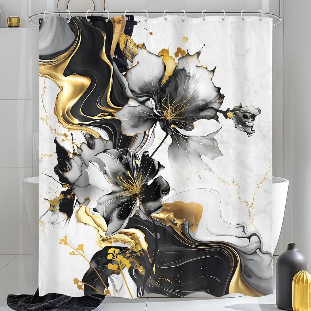 Omifly Black White Gold Marble Shower Curtain 72Wx84L Inch Abstract Flower Modern Floral Luxury Ink Texture Plant Minimalist Men with 12 Plastic Hooks Fabric Waterproof Toilet Accessories Decor