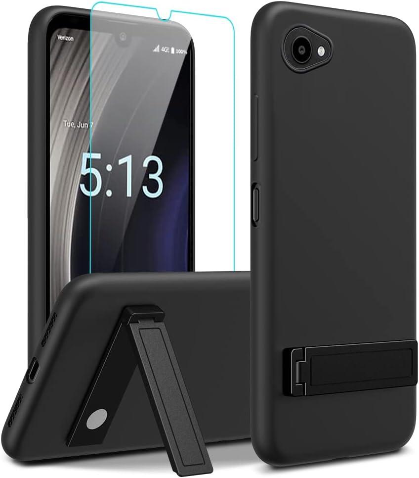 Case for Orbic Phone with Glass Screen Protector, [3 Position Ways] Kickstand Metal Silicone TPU Shockproof Protective Cover - Black