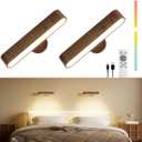 Rechargeable Wall Sconces Set of Two, Walnut Wood Battery Operated Wall Sconce, Magnetic Wall Lights for Bedroom with Remote & Touch Control, 15 RGB, 360 Rotatable Dimmable LED Wall Lamp 3 Color