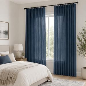 PONY DANCE Navy Blue Linen Pinch Pleated Curtains 108 Inches Long for Bedroom, Back Tab Thick Drapes for Living Room with 16 Hooks, Room Darkening Natural Style Curtains, 2 Panels, Blue, 40"W × 108"L