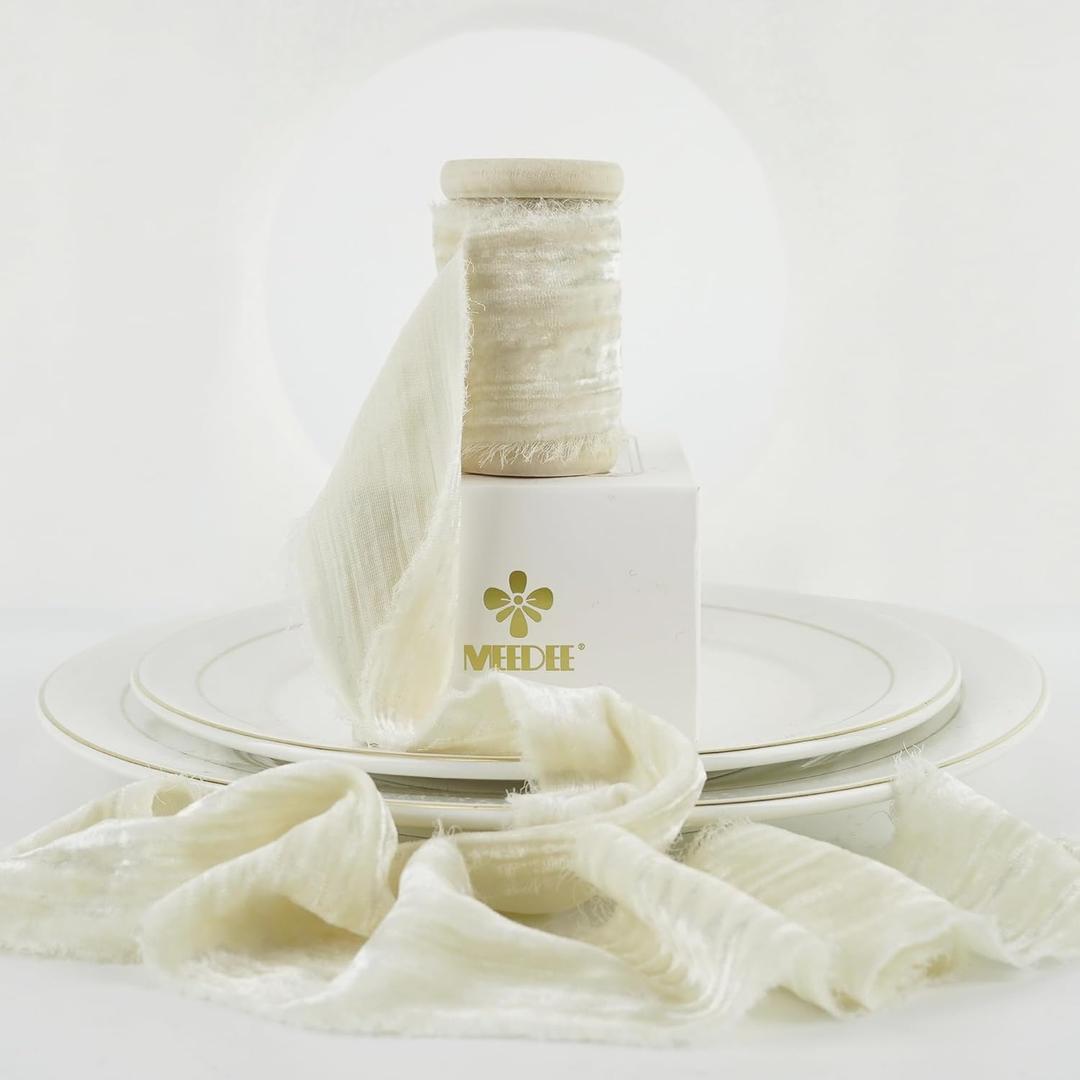 MEEDEE Ivory Velvet Ribbon 2 Inch Frayed Edge Silk Ribbons 2 Rolls 4 Yards Crinkle Crushed Ribbons Ivory Ribbon for Christmas Tree, Gift Wrapping, Holiday Decor, Wedding Favors