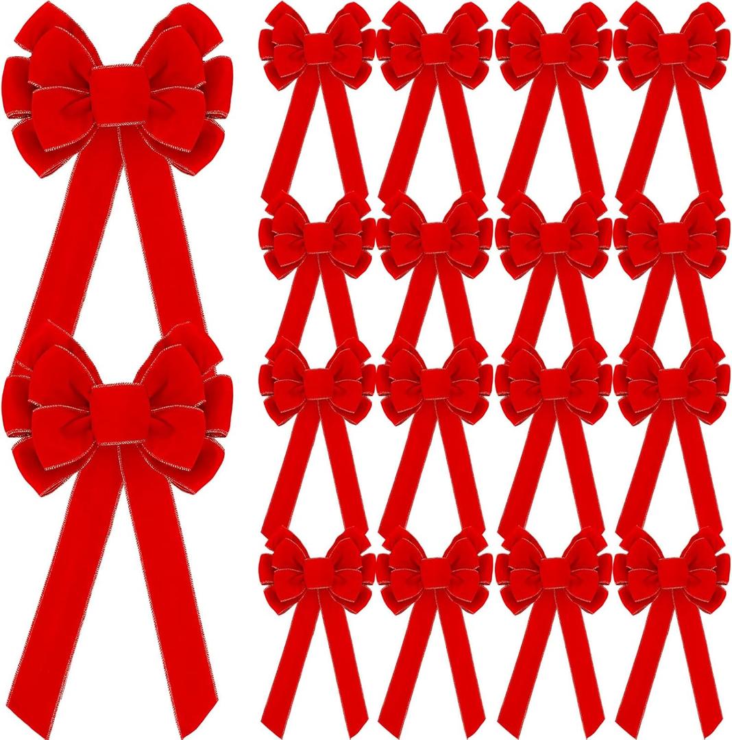 Lenwen 18 Pcs Large Red Christmas Velvet Bows Outdoor Big Christmas Tree Wreath Decorative Garland Red Velvet Bows for Gifts Indoor Outdoor Holiday Parties Xmas Decorations (26 x 12 Inch)