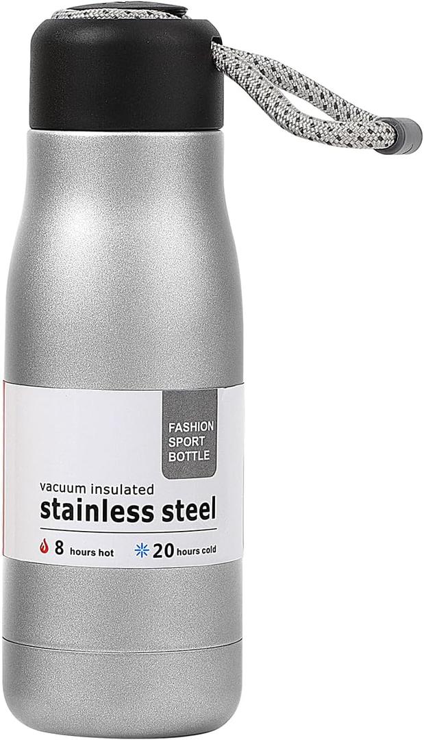 Small Water Bottle 12 oz, Dusgut Insulated Water Bottle,Stainless Steel,Wide Mouth Portable Lid,Silver