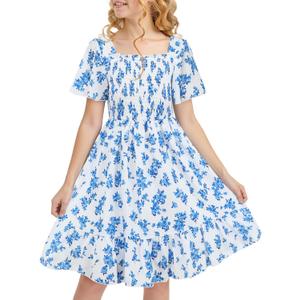 Cubear Ruffle Sleeve Dress for Girls Floral Short-Sleeves Smocked A-Line Dresses Kids Midi Casual Summer Spring Sundress (White)
