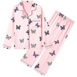 Umeyda Pajamas for Girls, Satin Silk Pjs Long Sleeves Soft Button Lounge Pants Sleepwear Set for Kids Teens, Baby Pink Butterfly, XS