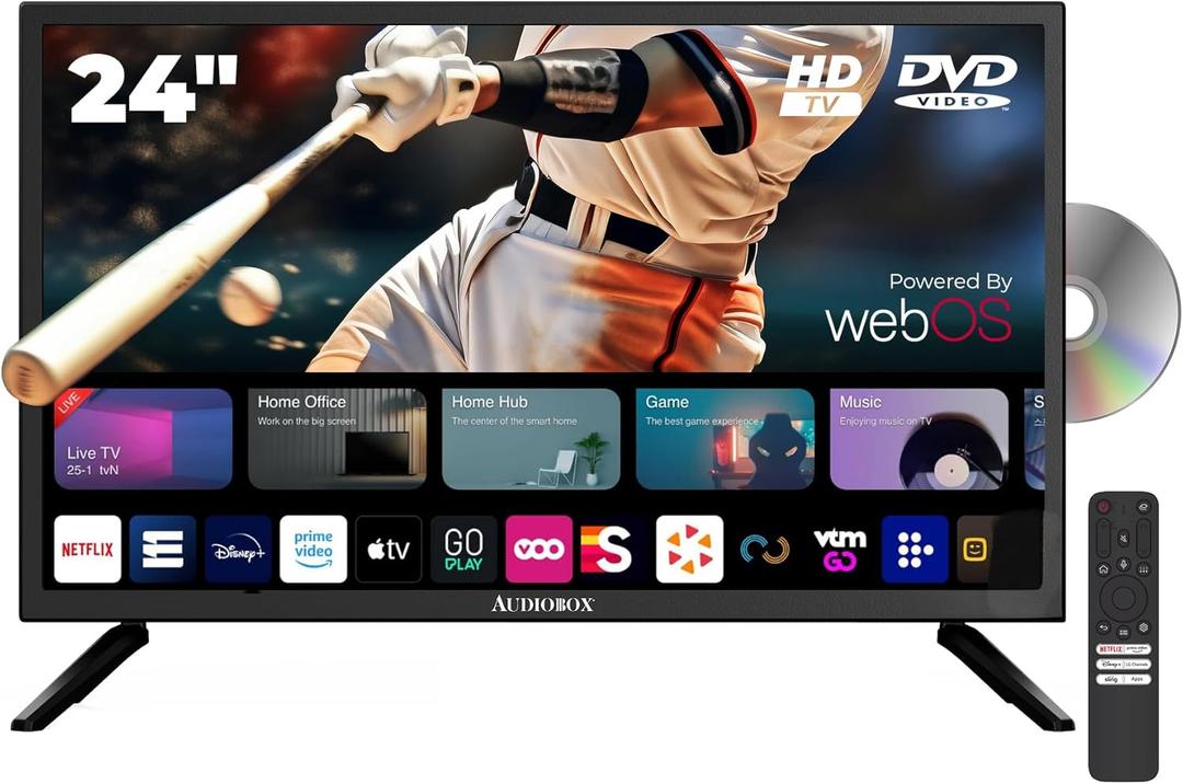 Audiobox Smart LED HDTV with Built-in DVD Player, AC/DC Compatible, Perfect for RVs, Movies, Gaming, HDMI, USB, 12V Included Cable, Ideal for Travel, & Home Entertainment (24-Inch)