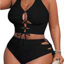 SOLY HUX Women's Plus Size Bikini Set Sexy Swimsuit Lace Up Tummy Control 2 Piece Bathing Suit, Black, XL