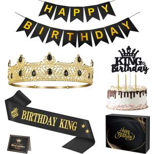 Birthday Gifts for Men, Birthday Decorations for Men, Party Decor Supplies including King Crown & Sash & Banner & Cake Topper & Candles