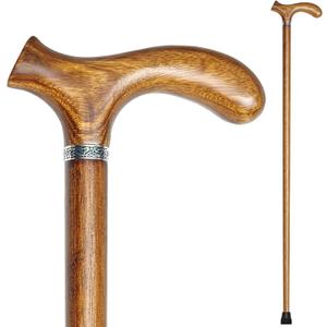 Wooden Walking Cane with 5 Height for Men and Women, Handmade Wood Cane with Comfort Grip Handle, Supportive Mobility Aid for Seniors, Fashionable & Classic Lightweight Stick (Caramel)