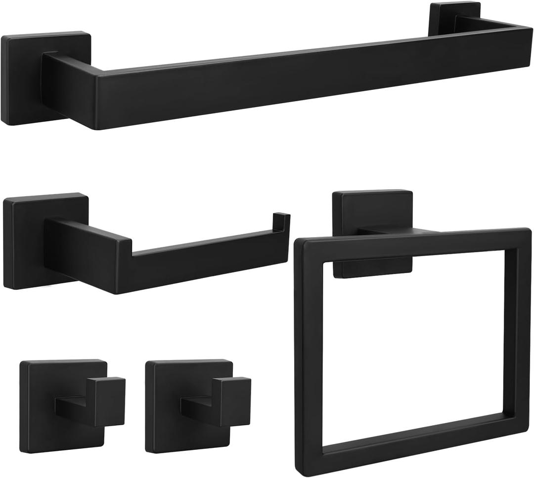 5pcs Bathroom Hardware Set, 16in Towel Bar Set, Including Square Towel Bar Square Towel Ring Toilet Paper Holder Towel Hooks, Set SUS304 Stainless Steel, Wall Mounted (5pcs, 16in, Black)