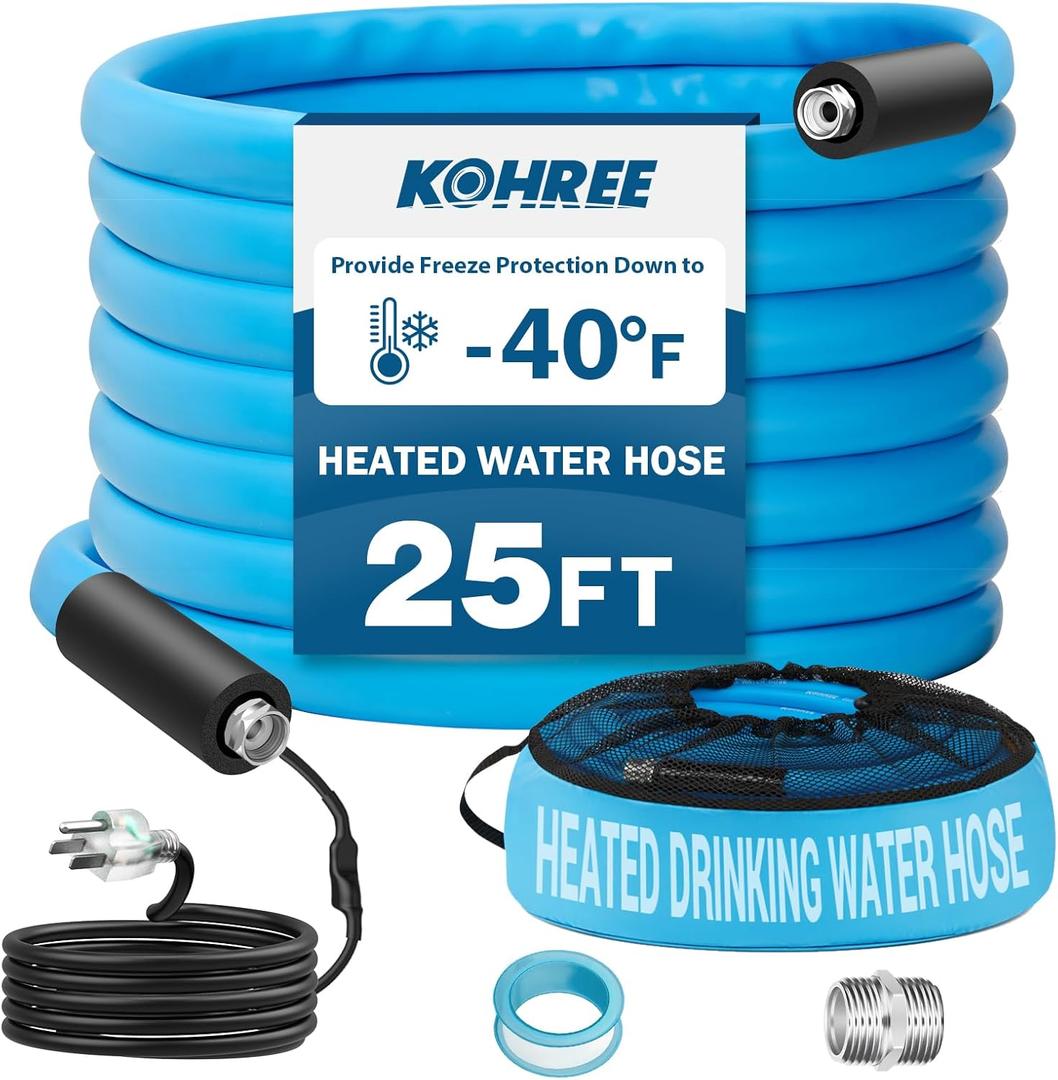 Kohree 25FT Heated Water Hose for RV, -40  Heated Drinking Water Hose 5/8", Heavy Duty Heated Hose for RV, Camper, Truck, Leak Free, Abrasion-Resistant Cover, Energy Saving Thermostat