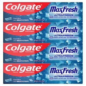 Colgate MaxFresh Cool Mint Toothpaste Pack, Fresh Breath Toothpaste with Fluoride and Hundreds of Mini Breath Strips, Leaves Mouth Feeling Refreshed for Hours, 4 Pack, 6.3 oz