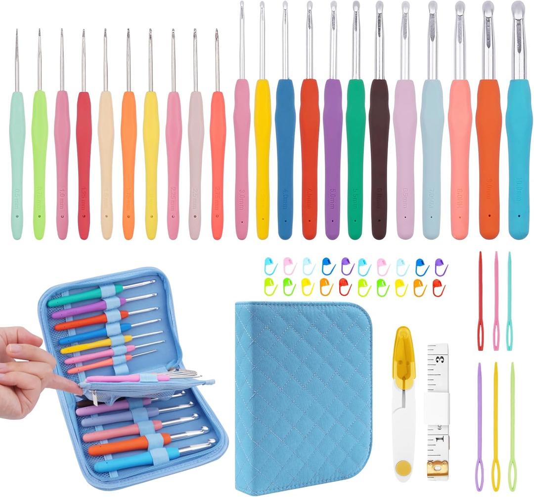 BsHooker 22 Sizes Crochet Hooks Set with Storage Case,0.5mm-10mm Crochet Hooks with Ergonomic Soft Handle for Arthritic Hands,Crochet Kit for Beginners,Blue