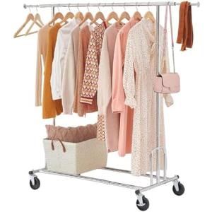 Tajsoon Heavy Duty Clothes Rack Foldable Garment Rack with Wheels and Extendable Rod, Freestanding Clothing Rack for Hanging Clothes, Adjustable  Collapsible Rolling Racks with Bottom Shelf, Chrome